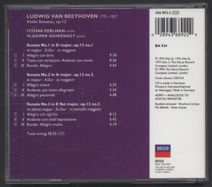 Beethoven, Itzhak Perlman, Vladimir Ashkenazy - Violin Sonatas - Nos.1, 2 & 3 (CD)