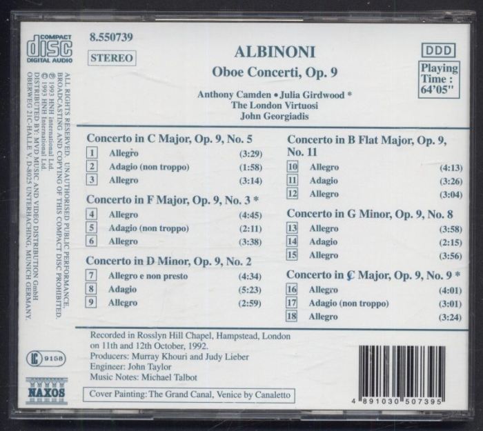 Albinoni - Anthony Camden, The London Virtuosi, John Georgiadis - Oboe Concerti Op. 9, Nos. 2, 3, 5, 8, 9 & 11 (CD)