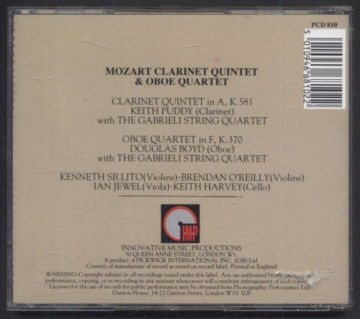 Mozart; Gabrieli String Quartet, Keith Puddy, Douglas Boyd - Clarinet Quintet & Oboe Quartet (CD)