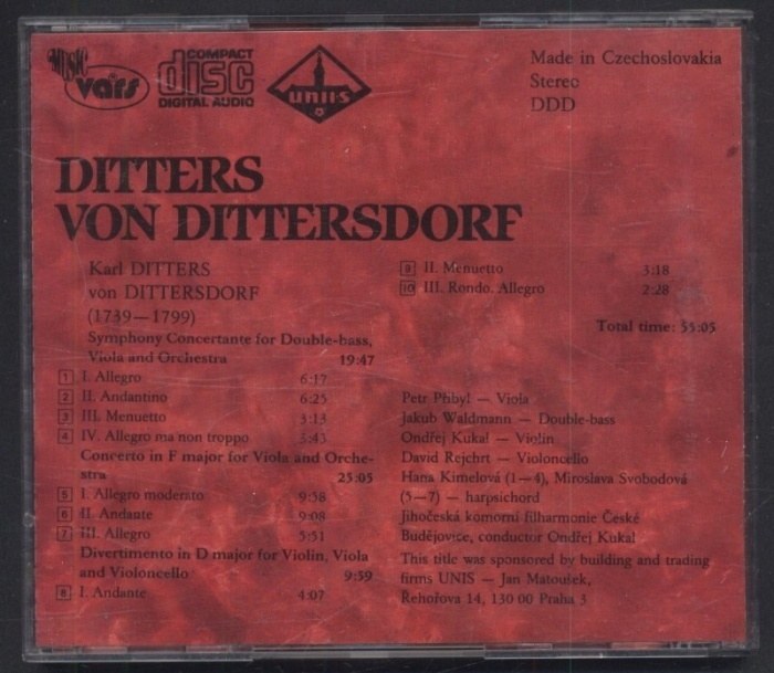 Ditters Von Dittersdorf - Petr Přibyl, Jihočeská komorní filharmonie, Conductor Ondřej Kukal - Ditters Von Dittersdorf (CD)