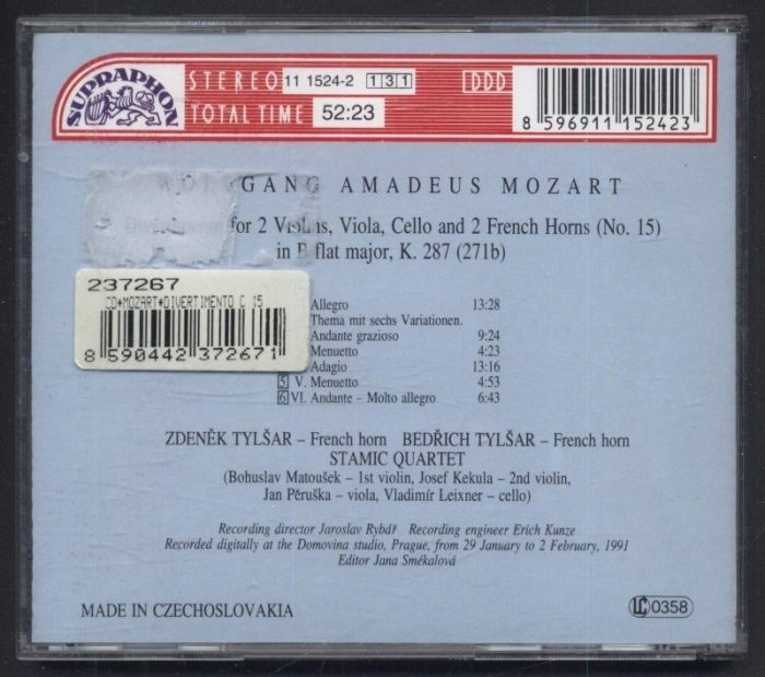 Mozart - Zdeněk Tylšar, Bedřich Tylšar, Stamic Quartet - Divertimento No. 15 (CD)