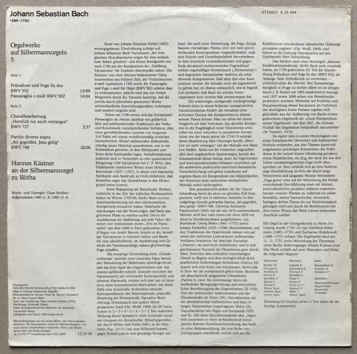 Bach - Hannes Kästner - Bachs Orgelwerke Auf Silbermannorgeln 5 (LP)