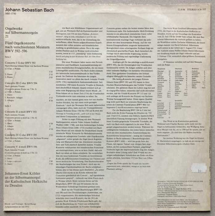 Bach, Johannes-Ernst Köhler - Orgelwerke 21 Johannes-Ernst Köhler An Der Silbermannorgel Der Katholischen Hofkirche zu Dresden (LP)