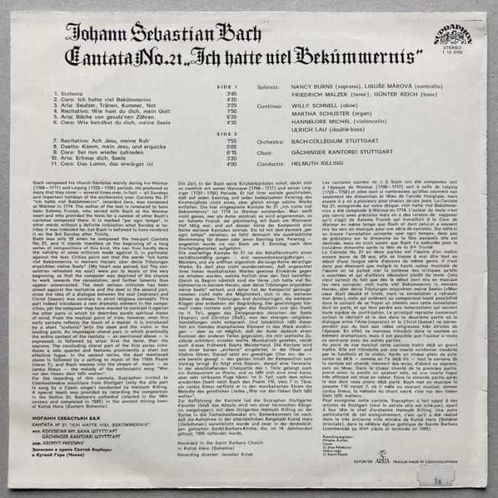 J.S. Bach, Bach - Collegium Stuttgart & Gächinger Kantorei Stuttgart Cond. Helmuth Rilling - Kantate No. 21 „ Ich Hatte Viel Bekümmernis" (LP)
