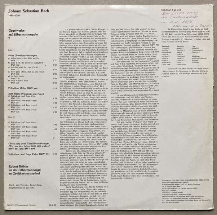 Bach, Robert Köbler - Bachs Orgelwerke Auf Silbermannorgeln 7 (LP)