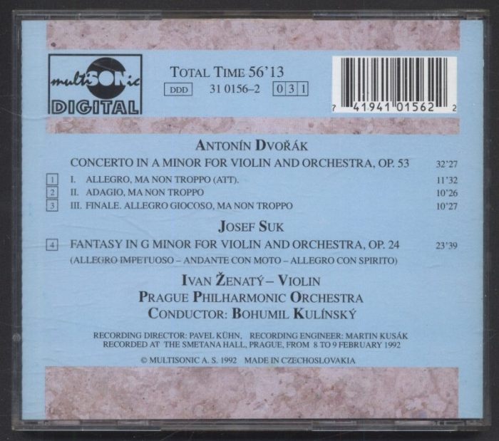 Antonín Dvořák, Josef Suk, Prague Philharmonic Orchestra, Bohumil Kulínský, Ivan Ženatý - Koncert pro housle a orchestr / Violin Concerto, A-Moll / Fantasie v G-Moll / Fantasy (CD)