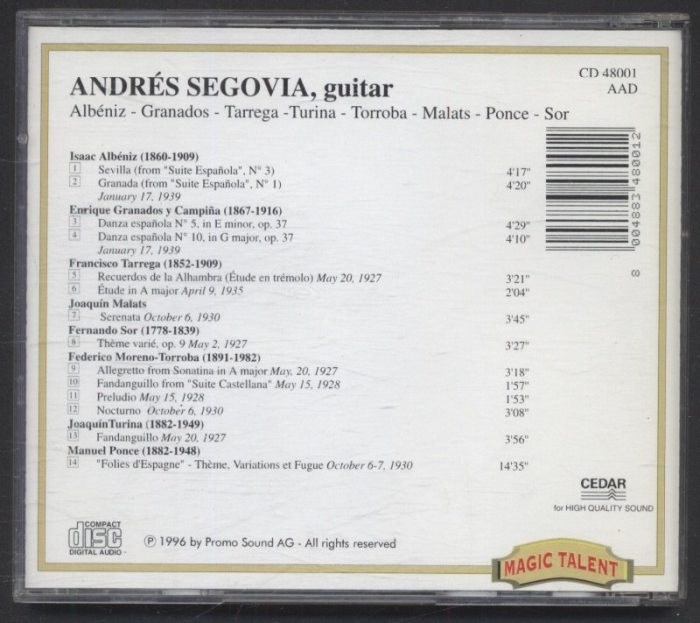 Andrés Segovia - Recital : Albéniz, Granados, Tarrega, Turina, Torroba, Malats, Ponce, Sor (CD)