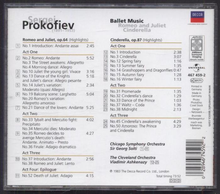 Sergei Prokofiev - The Cleveland Orchestra, Chicago Symphony Orchestra, Vladimir Ashkenazy, Sir Georg Solti - Ballet Music : Romeo And Juliet / Cinderella (CD)