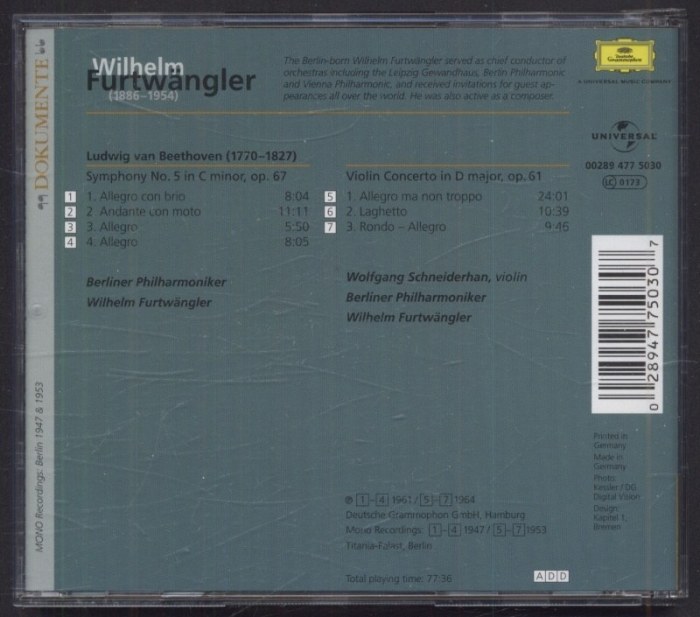 Wilhelm Furtwängler, Ludwig van Beethoven, - Symphony No. 5, Violin Concerto (CD)