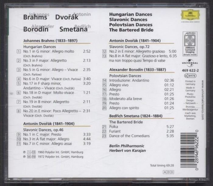 Johannes Brahms, Antonín Dvořák, Alexander Borodin, Bedřich Smetana, Herbert von Karajan - Dances (Hungarian Dances - Slavonic Dances - Polovtsian Dances) (CD)