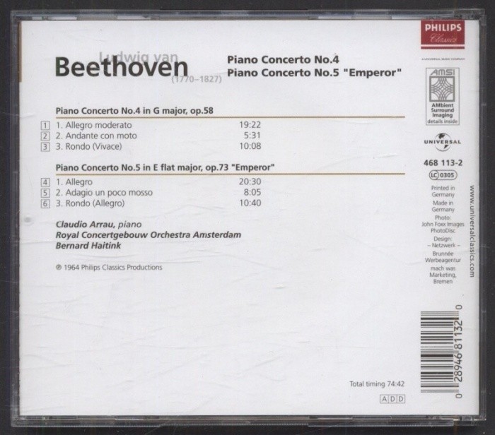 Ludwig van Beethoven - Claudio Arrau, Bernard Haitink, Royal Concertgebouw Orchestra Amsterdam - Piano Concertos Nos. 4 & 5 "Emperor" (CD)