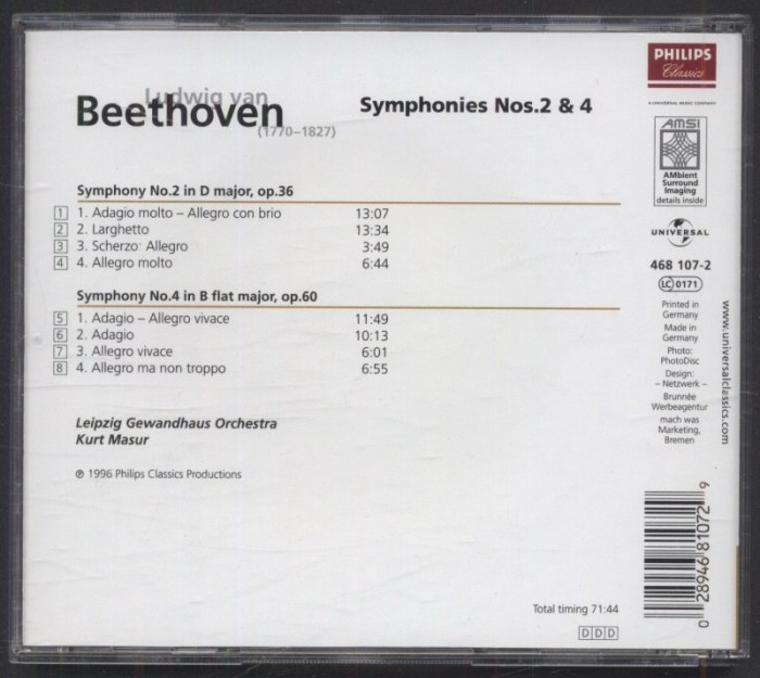 Ludwig van Beethoven, Leipzig Gewandhaus Orchester, Kurt Masur - Symphonies Nos. 2 & 4 (CD)