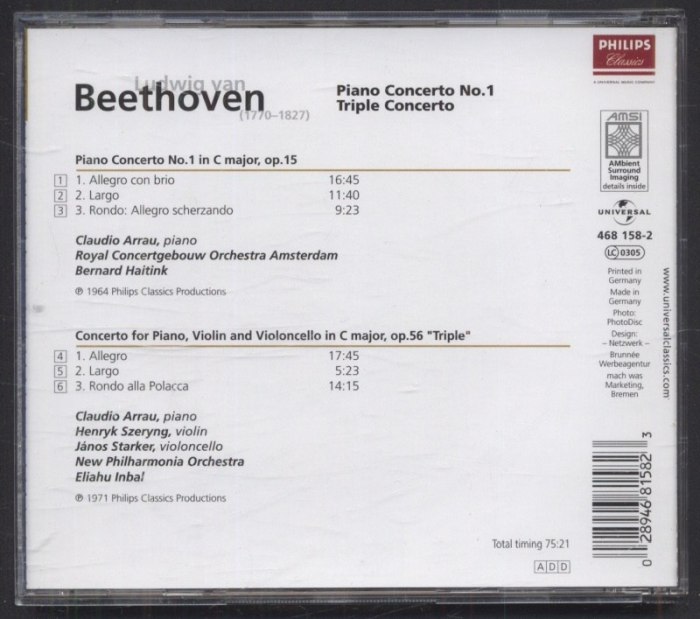 Ludwig van Beethoven, New Philharmonia Orchestra, Claudio Arrau, Henryk Szeryng, János Starker, Eliahu Inbal - Piano Concerto No.1 / Triple Concerto (CD)