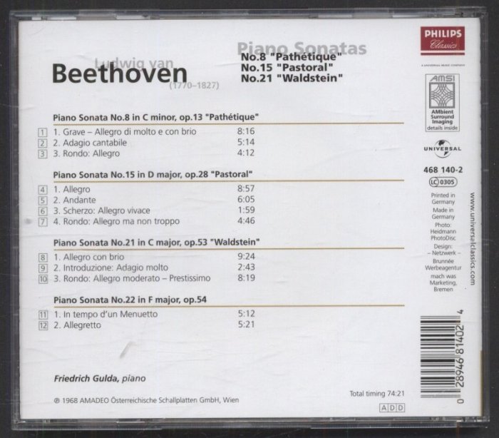 Ludwig van Beethoven / Friedrich Gulda - Klaviersonaten Nr. 8 "Pathétique", Nr. 15 "Pastorale", Nr. 21 "Waldstein" (CD)