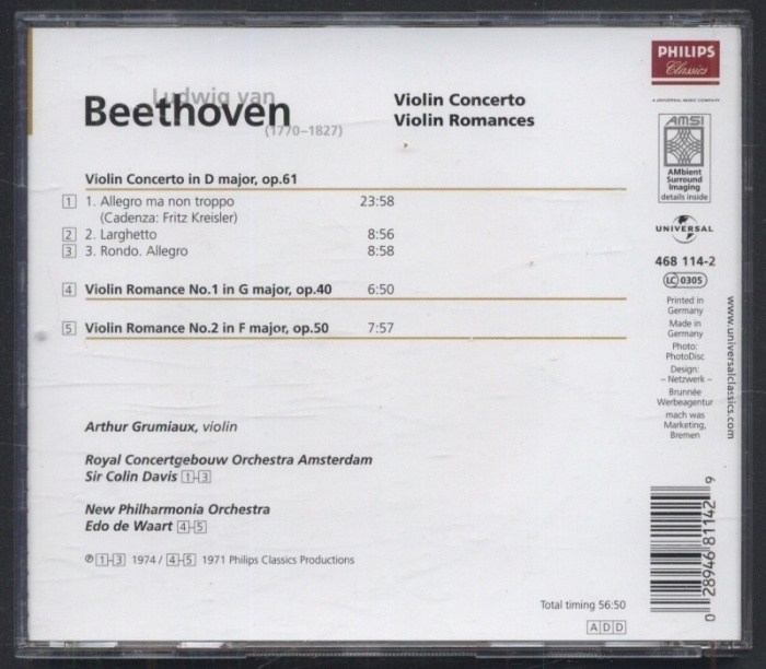 Ludvig van Beethoven - Arthur Grumiaux, Concertgebouw Orchestra, Amsterdam, Sir Colin Davis, Philharmonia Orchestra, Edo de Waart - Violin Concerto / Violin Romances