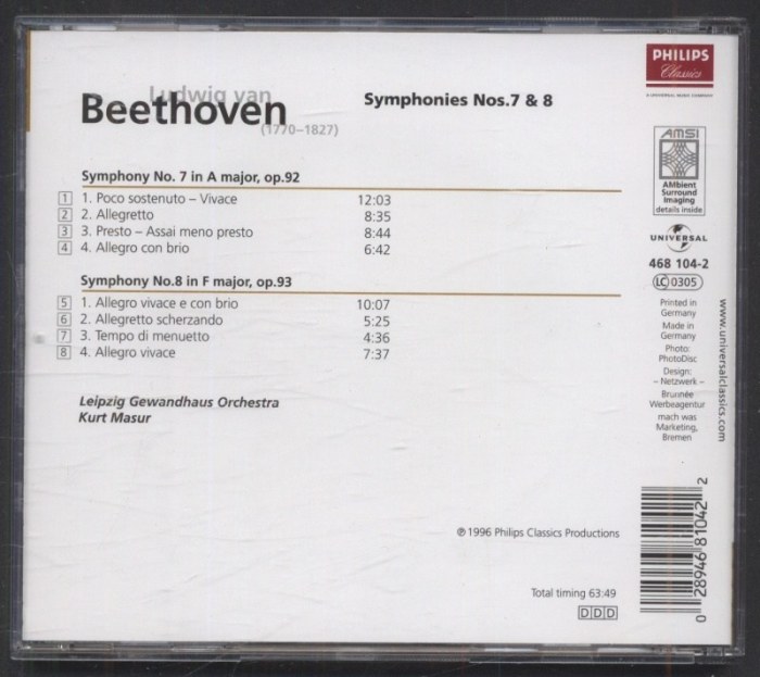 Ludwig van Beethoven, Leipzig Gewandhaus Orchestra, Kurt Masur - Symphonies Nos. 7 & 8 (CD)