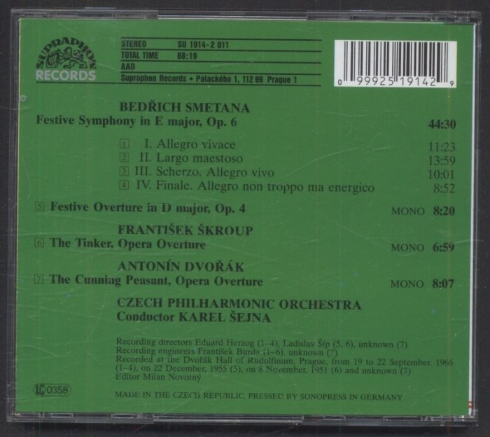 Smetana, Škroup, Dvořák - Karel Šejna, Czech Philharmonic Orchestra - Festive Symphony / Festive Overture In D Major / The Tinker Overture / The Cunning Peasant Overture (CD)
