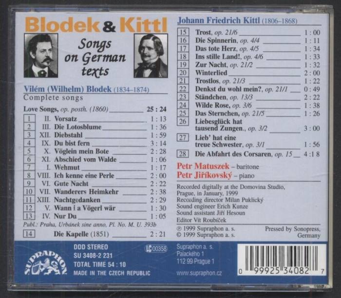 Vilém Blodek, Johann Friedrich Kittl, Petr Matuszek, Petr Jiříkovský - Songs On German Texts (CD)