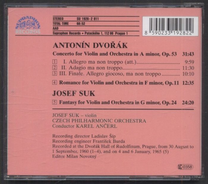 Dvořák / Suk - Josef Suk, Czech Philharmonic Orchestra, Karel Ančerl - Violin Concerto / Romance / Fantasy (CD)