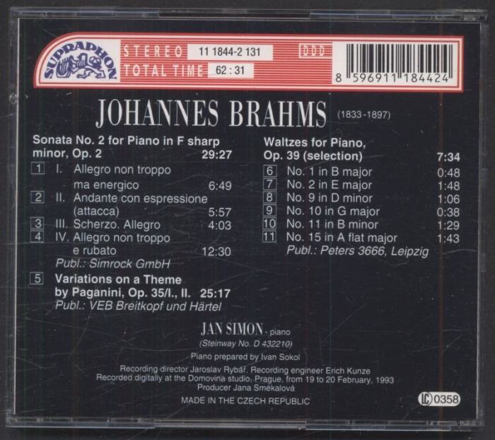 Johannes Brahms, Jan Simon - Piano Sonata No. 2 Variations On A Theme By Paganini Waltzes (CD)