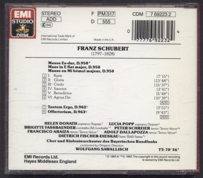 Schubert - Donath,  Popp,  Fassbaender,  Schreier,  Araiza,  Dallapozza,  Fischer-Dieskau, Chor Und Sinfonieorchester Des Bayerischen Rundfunks, Wolfgang Sawallisch - Messe Es-Dur, D. 950,  Tantum Ergo, D. 962,  Offertorium, D. 963 (CD)