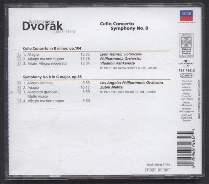 Antonín Dvořák - Lynn Harrell, Philharmonia Orchestra, Vladimir Ashkenazy, Los Angeles Philharmonic Orchestra, Zubin Mehta - Cellokonzert, Symphonie Nr. 8 (CD)