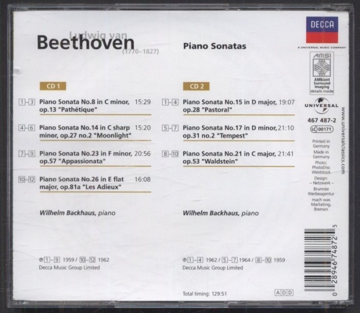 Ludwig van Beethoven, Wilhelm Backhaus - Piano Sonatas (2CD)