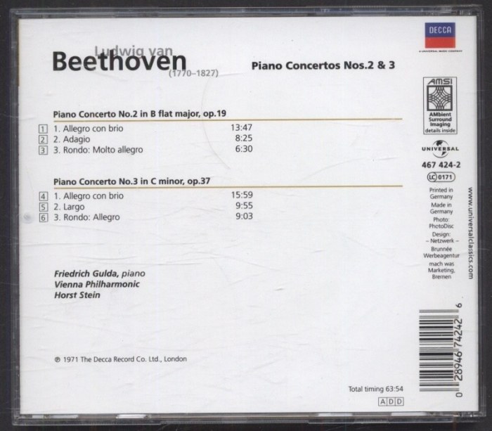 Friedrich Gulda, Vienna Philharmonic, Horst Stein - Ludwig van Beethoven - Piano Concertos Nos. 2 & 3 (CD)