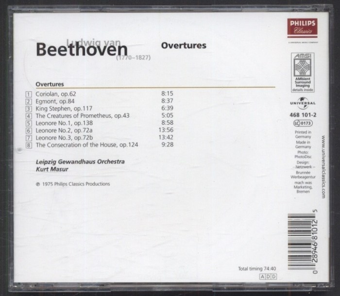Ludwig van Beethoven, Leipzig Gewandhaus Orchestra, Kurt Masur - Overtures (CD)