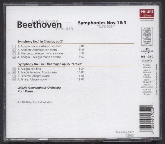 Ludwig van Beethoven, Leipzig Gewandhaus Orchestra · Kurt Masur - Symphonies Nos. 1 & 3 (CD)