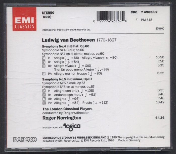Beethoven - The London Classical Players, Roger Norrington - Symphonies 4 & 5 (CD)