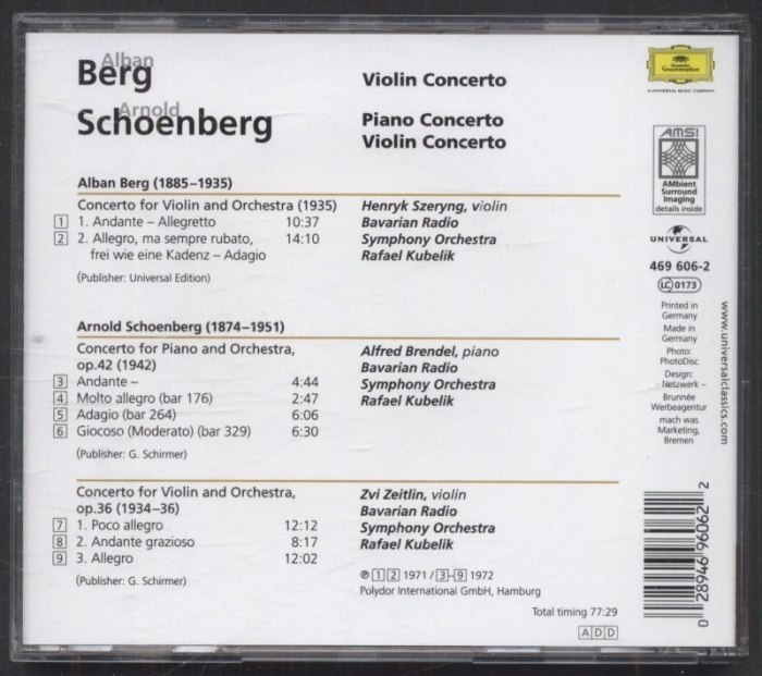 Alban Berg / Arnold Schoenberg / Alfred Brendel, Zvi Zeitlin, Bavarian Radio Symphony Orchestra, Rafael Kubelik - Violin Concerto / Piano Concerto (CD)