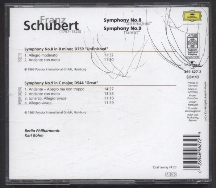 Franz Schubert, Karl Böhm, Berliner Philharmoniker - Symphonies Nos. 8 & 9 (CD)