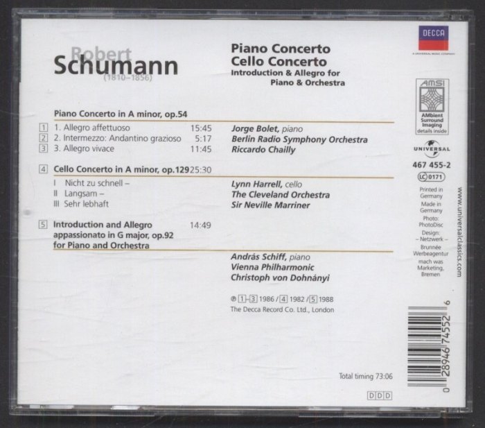 Robert Schumann - Jorge Bolet, Lynne Harrell, András Schiff, RSO Berlin, Vienna Philharmonic, Cleveland Orchestra, Chailly, Marriner, Dohnányi (CD)