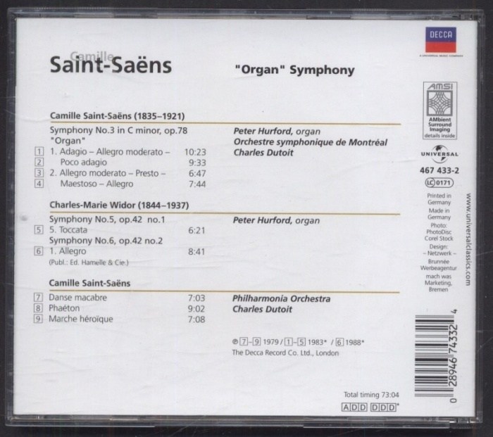 Camille Saint-Saëns, Peter Hurford, Orchestre symphonique de Montréal, Dutoit - Symphony No. 3 "Organ" (CD)