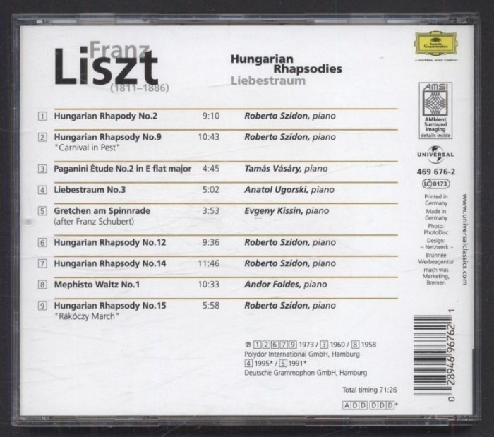 L. V. Beethoven - Gabriela Beňačková, Marjana Lipovšek, Gösta Winbergh, Hermann Prey, Sbor státní opery Vídeň, Wiener Philharmoniker, Claudio Abbado - Symfonie 9 (CD)Franz Liszt - Andor Foldes, Evgeny Kissin, Roberto Szidon, Anatol Ugorski, Tamás Vásáry