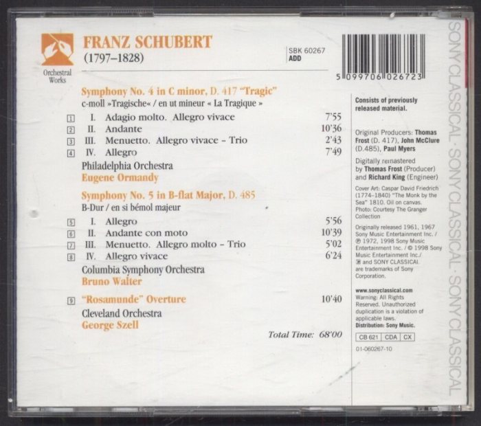 Franz Schubert, Philadelphia Orchestra, Eugene Ormandz, Columbia Symphony Orchestra, Bruno Walter, Cleveland Orchestra, George Szell - Symphony No. 4 "Tragic", Symphony No. 5, "Rosamunde" Overture (CD)