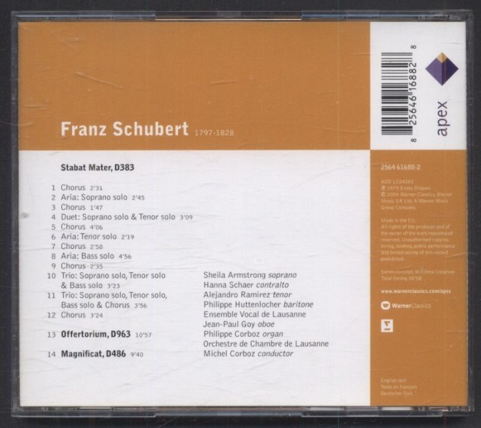 Schubert - Sheila Armstrong, Hanna Schaer, Alejandro Ramirez, Philippe Huttenlocher, Ensemble Vocal De Lausanne, Orchestre De Chambre De Lausanne, Michel Corboz - Stabat Mater, D383, Offertorium, D963, Magnificat, D486 (CD)