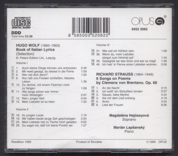Richard Strauss, Hugo Wolf, Magdaléna Hajóssyová, Marián Lapšanský - The Book Of Italian Lyrics; 6 Songs On Poems By Clemens Brentano, Op.68 (CD)