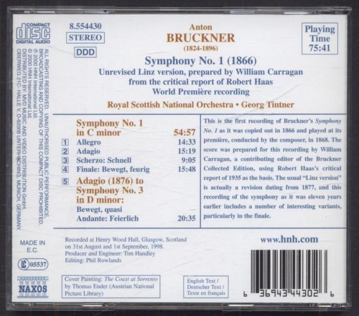 Bruckner - Royal Scottish National Orchestra, Georg Tintner - Symphony No. 1 (1866) (Unrevised Linz Version Ed. Haas/Carragan) (CD)