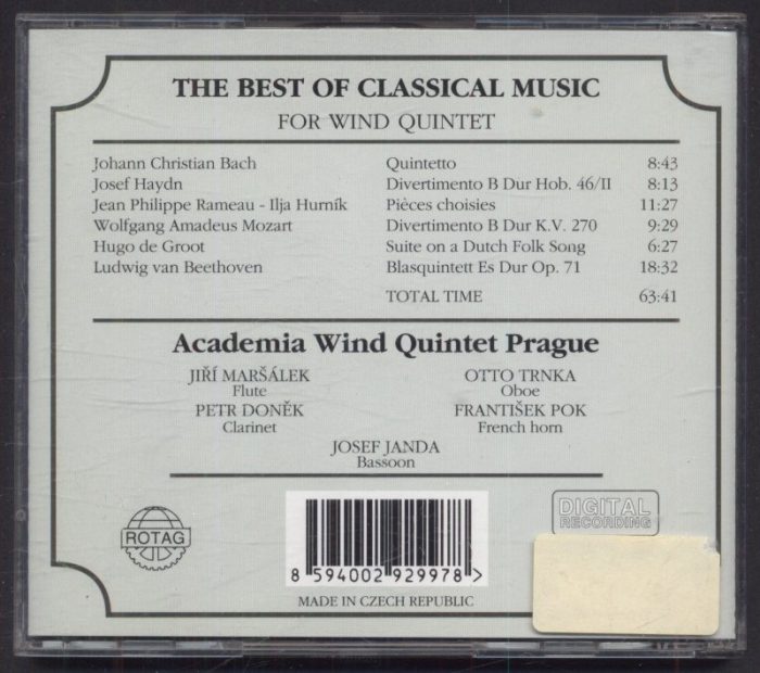 Academia Wind Quintet Prague: Jiří Maršálek, Otto Trnka, Petr Doněk, František Pok, Josef Janda - The Best of Classical Music For Wind Quintet (CD)