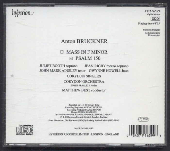 Bruckner - Juliet Booth / John Mark Ainsley / Gwynne Howell / Jean Rigby / Corydon Singers / Corydon Orchestra / Matthew Best - Mass In F Minor,  Psalm 150 (CD)