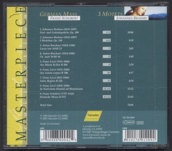 Franz Schubert, Johannes Brahms - Masterpiece Collection, German Mass 3 Motets (CD)