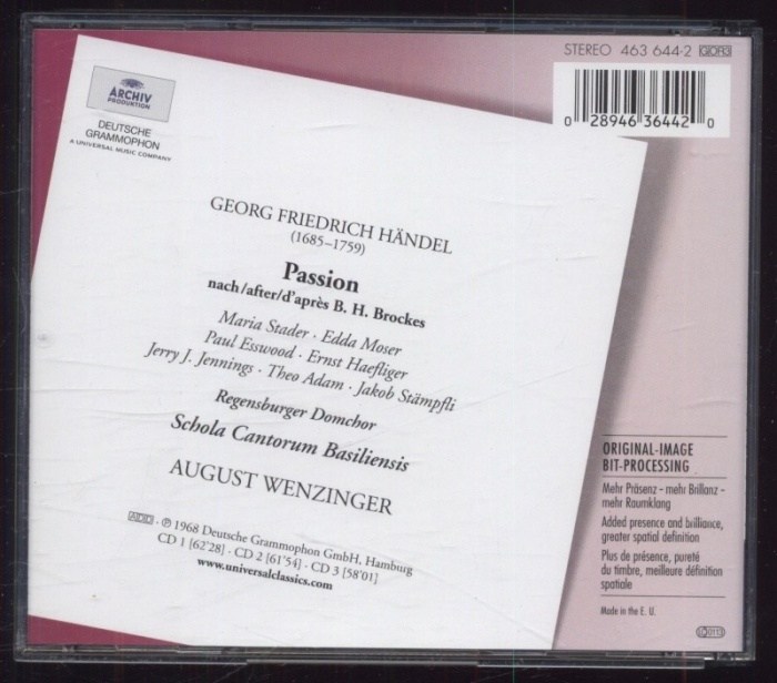 Handel - Maria Stader, Edda Moser · Paul Esswood / Ernst Haefliger, Jerry J. Jennings / Theo Adam, Jakob Stämpfli / Regensburger Domchor · Schola Cantorum Basiliensis / August Wenzinger - Brockes Passion (3CD)