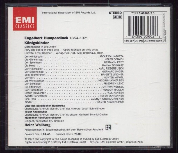 Humperdinck, Donath / Dallapozza / Schwarz / Prey / Wallberg, Chor Des Bayerischen Rundfunks / Tölzer Knabenchor, Münchner Rundfunkorchester, Heinz Wallberg - Königskinder (2CD)