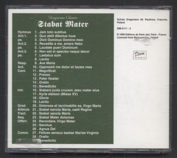 Schola Gregoriana 00. Paulinow - Gregorian Chants - Stabat Mater (CD)