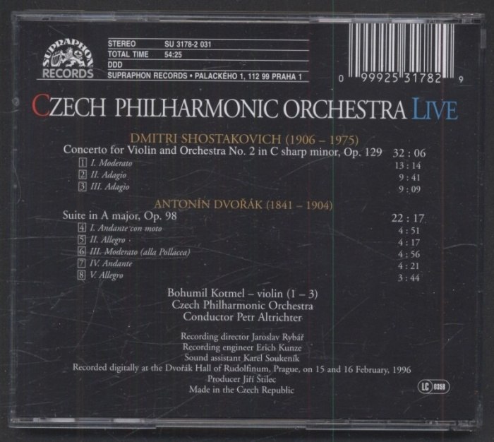 Dmitri Shostakovich, Antonín Dvořák / Bohumil Kotmel, Petr Altrichter - Czech Philharmonic Orchestra Live / Concerto for Violin and Orchestra No. 2 in C sharp minor, Op. 139 / Suite in A major, Op. 98 (CD)