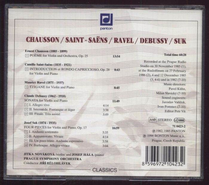 Jitka Nováková, Josef Hála, Prague Symphony Orchestra / Symfonický orchestr hl.m. Prahy (FOK), Jiří Bělohlávek - Chausson / Saint-Saëns  / Ravel / Debussy / Suk - Skladby pro housle a klavír (CD)