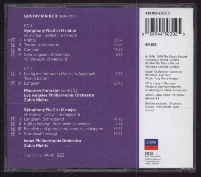 Gustav Mahler - Maureen Forrester, Los Angeles Philharmonic Orchestra, Israel Philharmonic Orchestra, Zubin Mehta - Symphonies 1 & 3 (2CD)