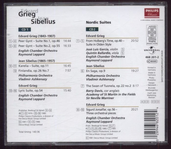 Edvard Grieg, Jean Sibelius, English Chamber Orchestra, Philharmonia Orchestra, The Academy Of St. Martin-in-the-Fields, Raymond Leppard, Vladimir Ashkenazy, Sir Neville Marriner - Nordic Suites (2CD)